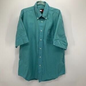Tommy Hilfiger Shirt Mens L Green Blue Plaid Short Sleeve Preppy Dadcore Coastal